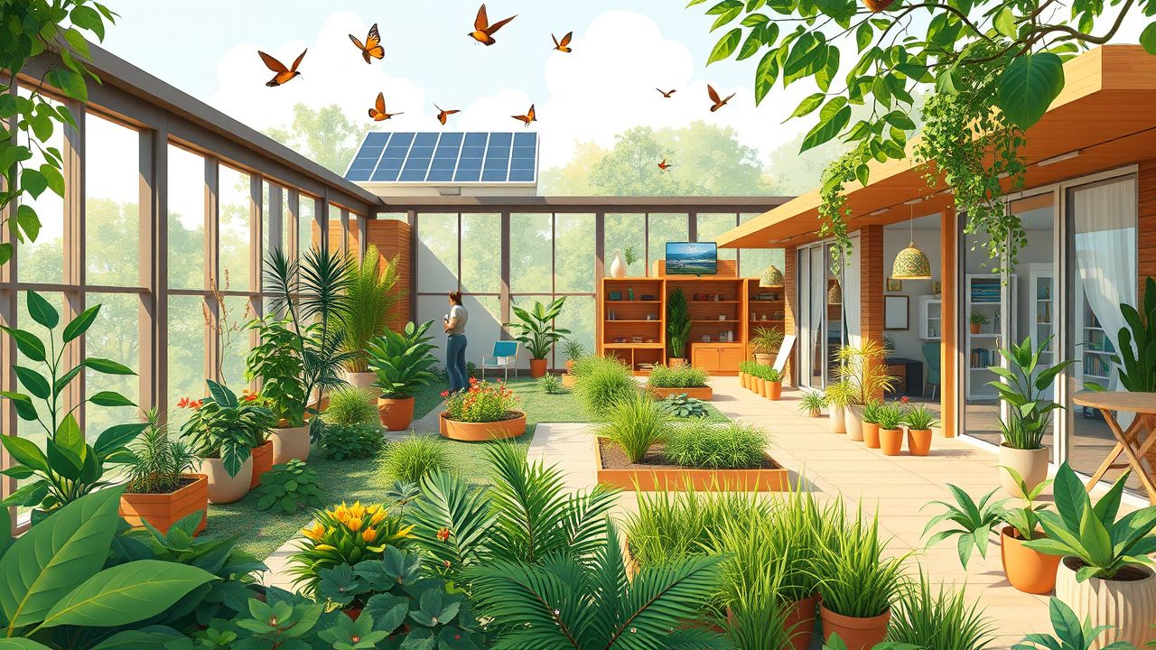 Een zelfvoorzienend, eco-vriendelijk leef- en werkruimte met groene tuinen.