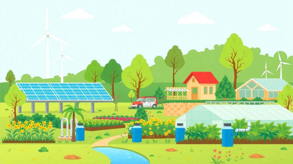 Een zelfvoorzienende omgeving met duurzame energie en natuurlijke elementen.