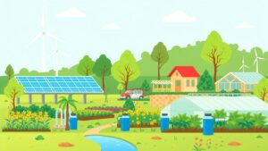 Een zelfvoorzienende omgeving met duurzame energie en natuurlijke elementen.