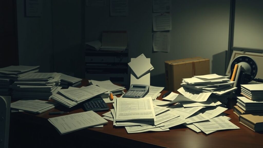 Een rommelig bureau met verspreide documenten en financiële gegevens.