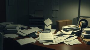 Een rommelig bureau met verspreide documenten en financiële gegevens.