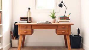 Een studentenbureau met duurzame benodigdheden in een rommelige kamer.