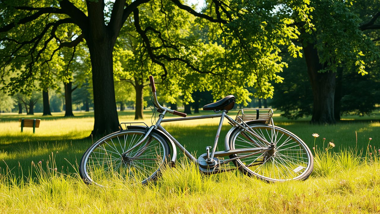 Een vergeten ouderwetse fiets staat in een grasveld tussen wilde bloemen.