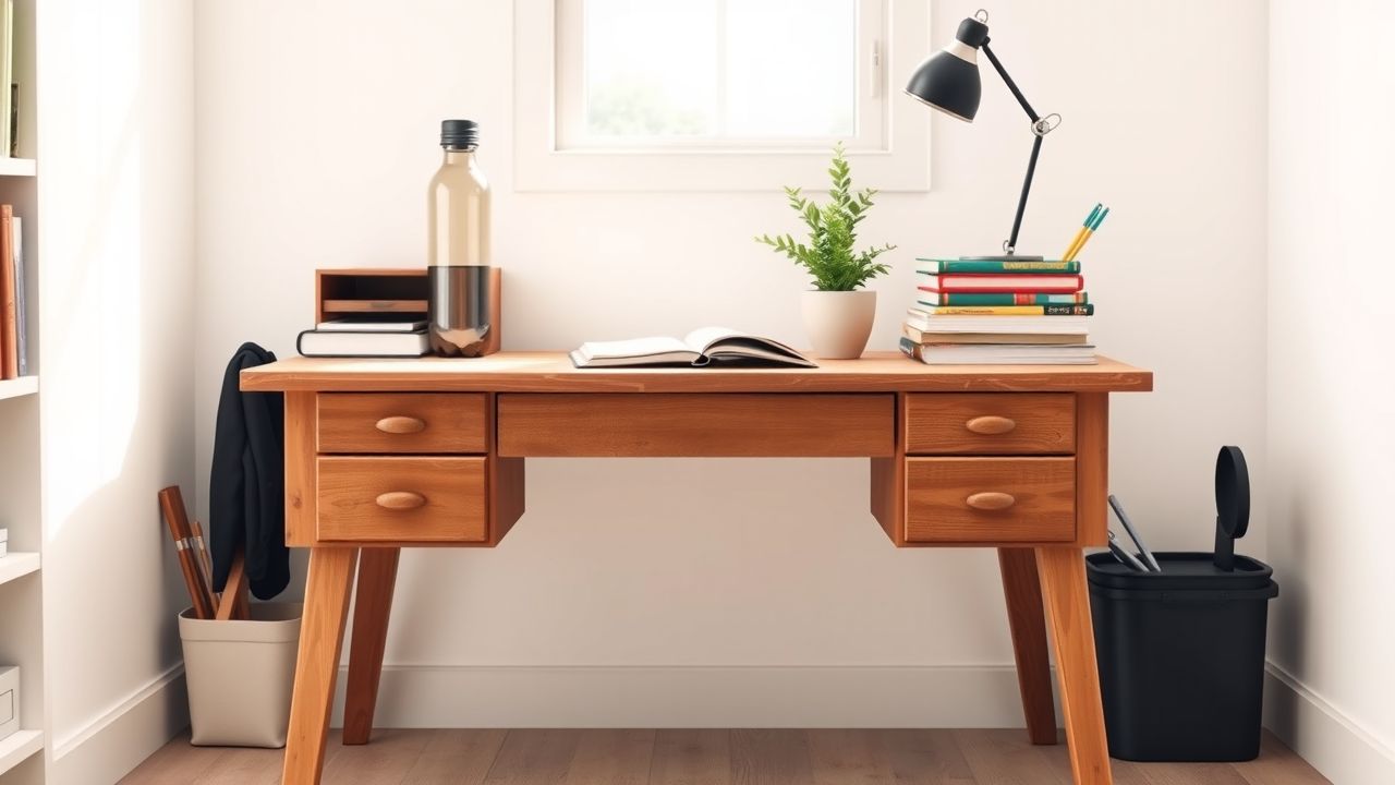 Een studentenbureau met duurzame benodigdheden in een rommelige kamer.