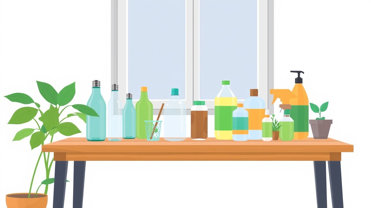 Duurzame huishoudelijke producten op houten tafel bij raam.