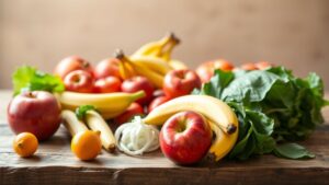 Een verzameling verse groenten en fruit op een houten tafel.