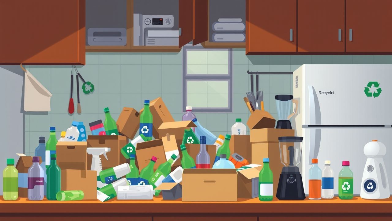 De afbeelding toont een rommelig aanrecht met recyclable items en duurzame apparaten. De afbeelding toont een rommelig aanrecht met recyclable items en duurzame apparaten.