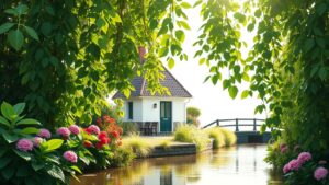 Een schilderachtig huisje te midden van groene planten in Amsterdam.