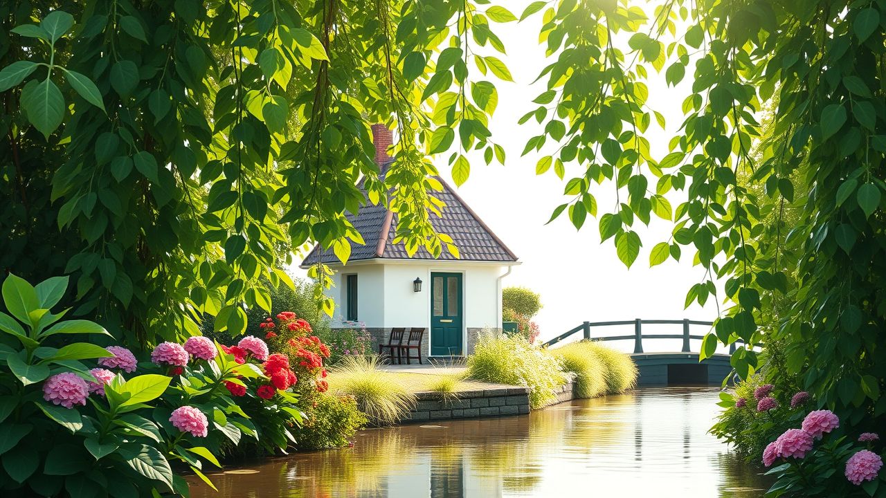 Een schilderachtig huisje te midden van groene planten in Amsterdam.