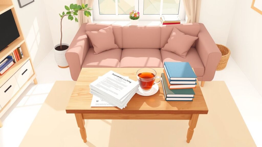 Een gezellige woonkamer met tafel vol papierwerk en boeken.