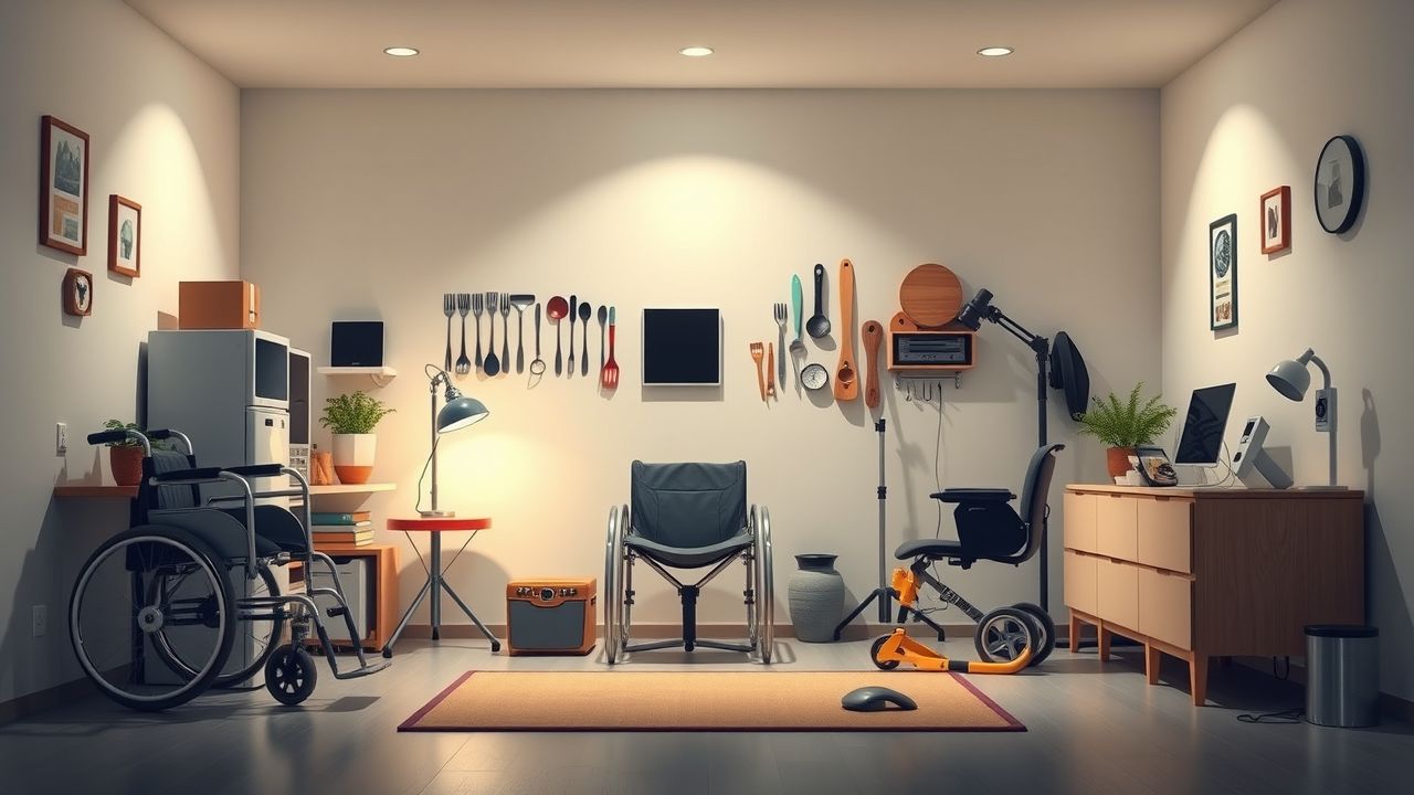 Een afbeelding van hulpmiddelen voor mensen met een beperking in een kamer. Een afbeelding van hulpmiddelen voor mensen met een beperking in een kamer.