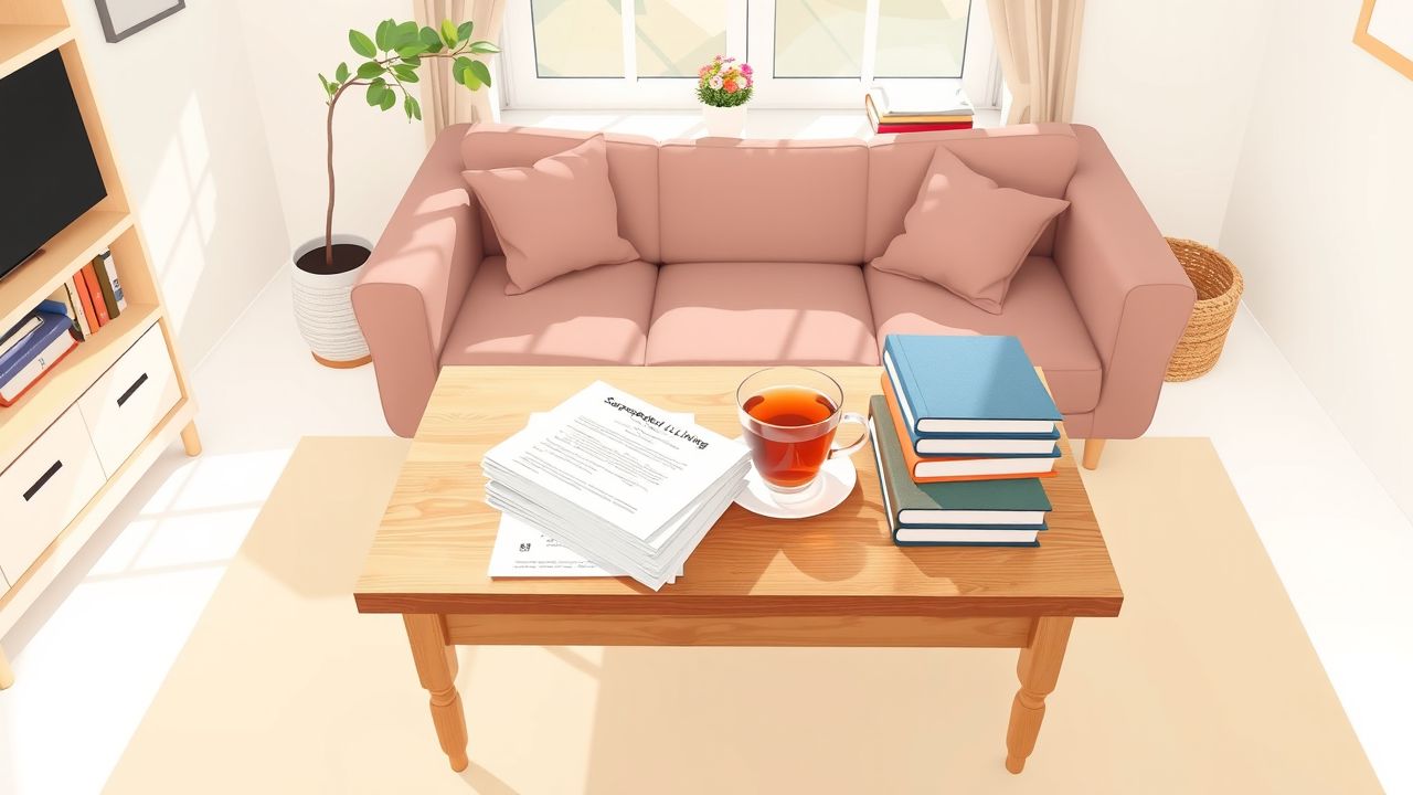 Een gezellige woonkamer met tafel vol papierwerk en boeken.