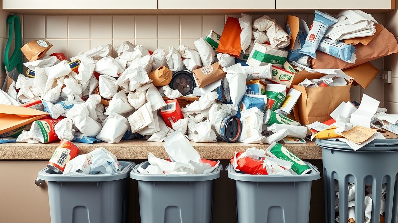 Een rommelige keuken toont overmatig afval en benadrukt de noodzaak om afval te verminderen. Een rommelige keuken toont overmatig afval en benadrukt de noodzaak om afval te verminderen.