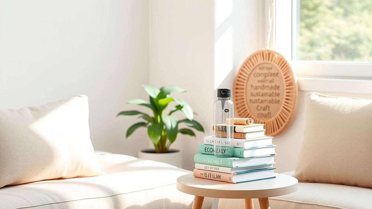 Een gezellige woongedeelte met duurzame boeken, ambachten en planten.