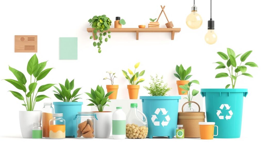 Een duurzaam huishouden met milieuvriendelijke producten in een platte ontwerpstijl.