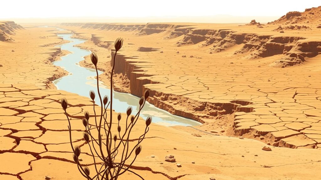 Een desolate, droge landschap met gebarsten aarde en verdorde planten.