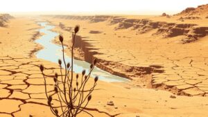 Een desolate, droge landschap met gebarsten aarde en verdorde planten.