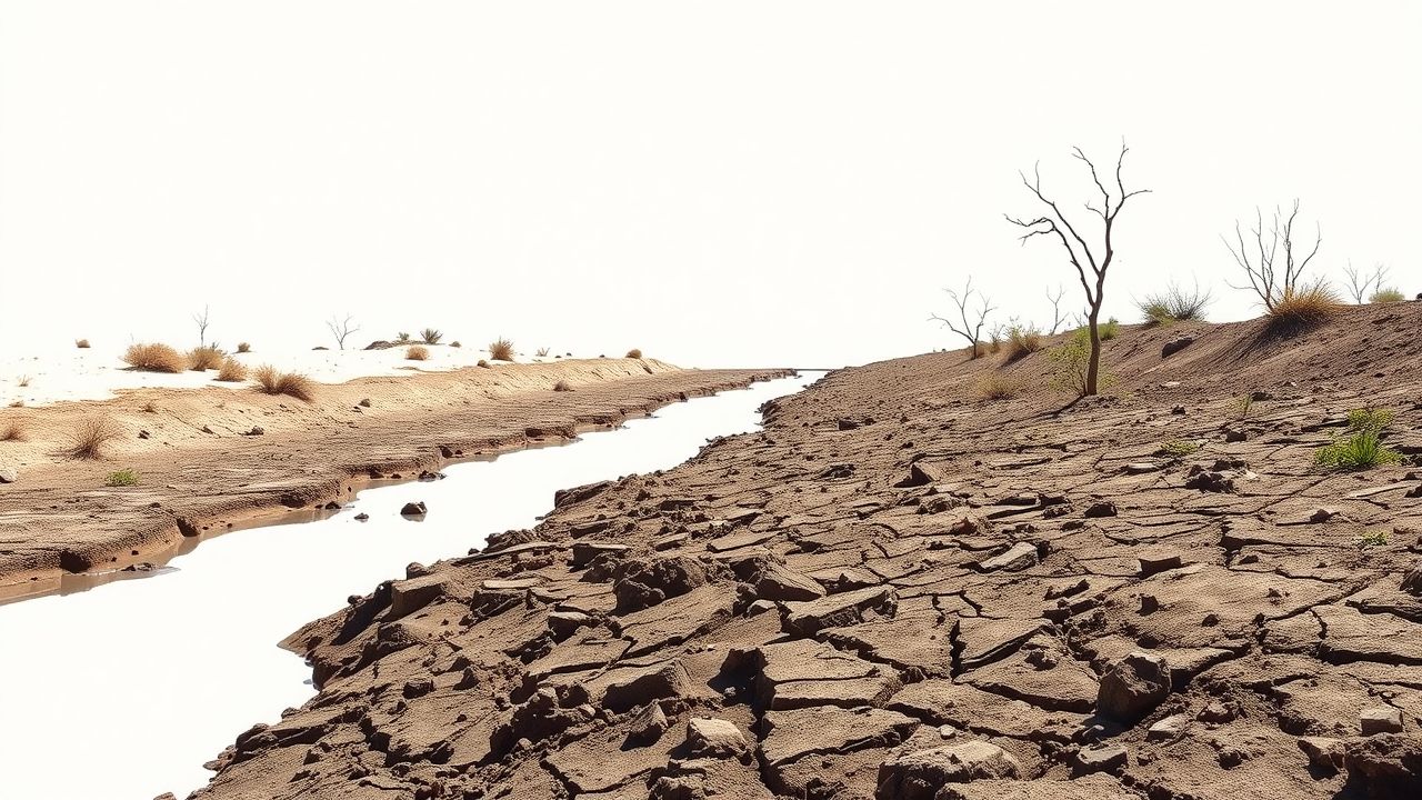 De afbeelding toont een droog, desolaat landschap met verwelkte planten. De afbeelding toont een droog, desolaat landschap met verwelkte planten.