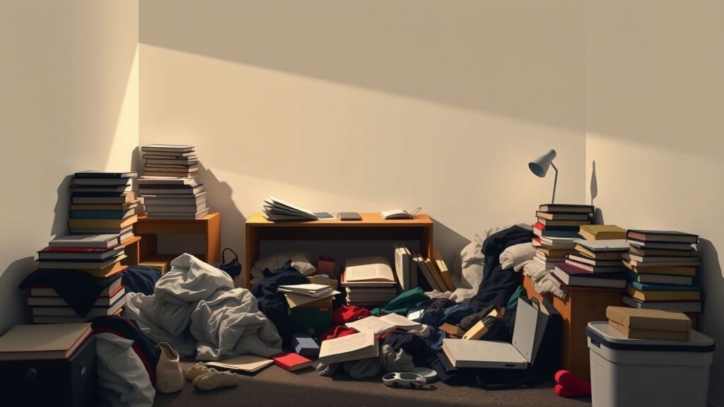 Een rommelige slaapkamer met persoonlijke spullen en kleding.