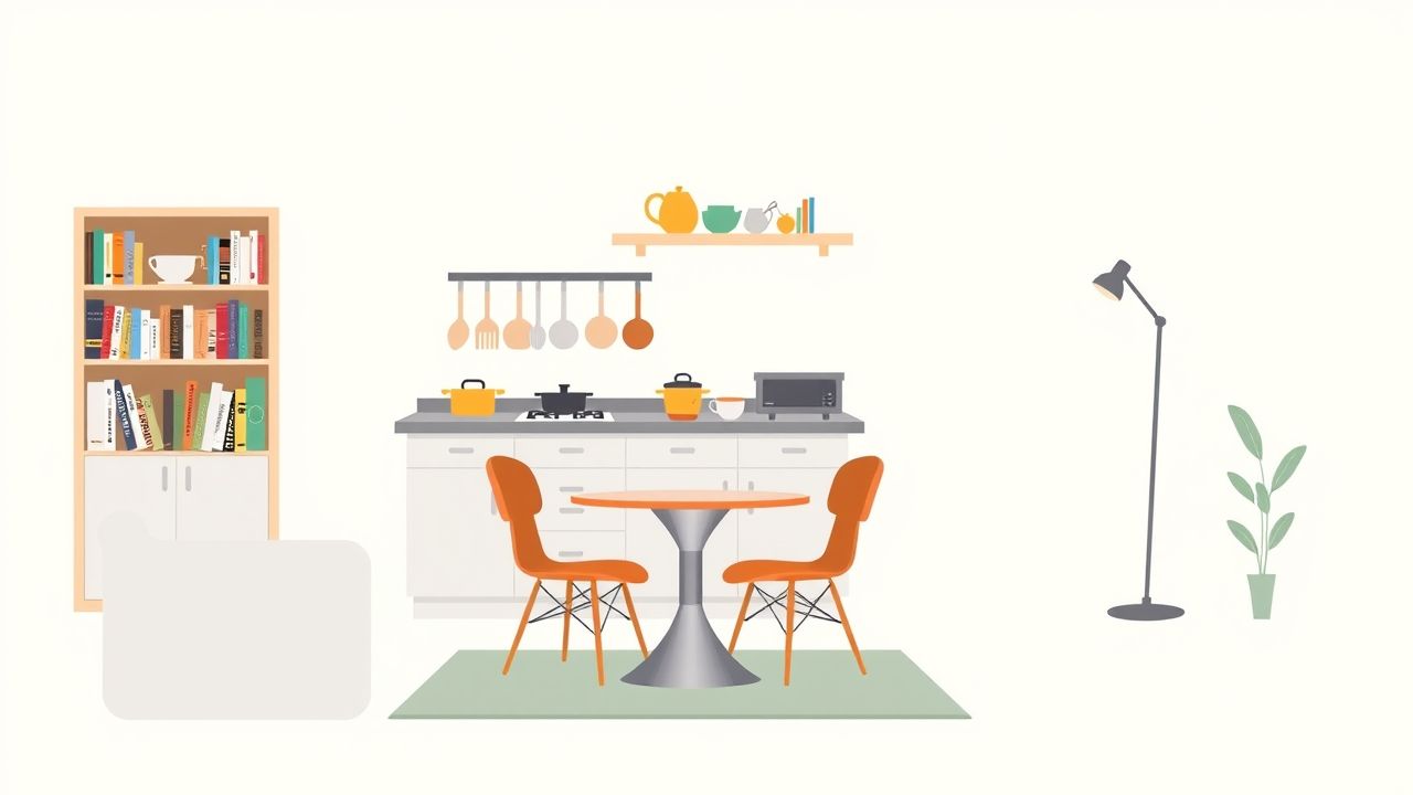 Een gezellige woonkamer met kleine keuken en eethoek. Een gezellige woonkamer met kleine keuken en eethoek.