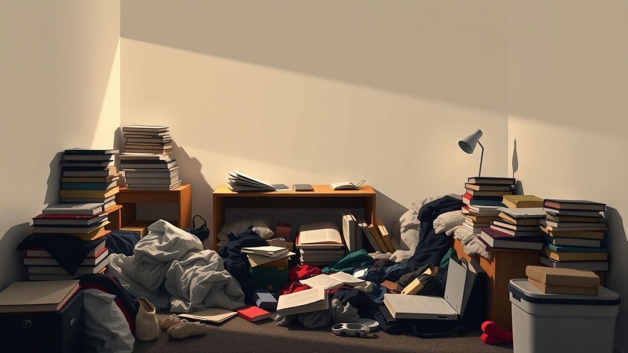 Een rommelige slaapkamer met persoonlijke spullen en kleding.