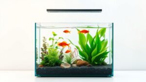 Een zelfvoorzienend aquarium met planten en kleurrijke vissen.