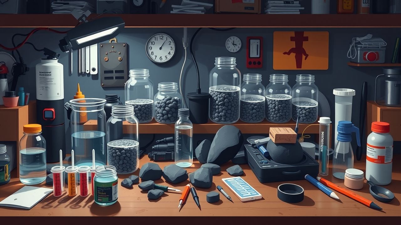 Een rommelige werkbank met benodigdheden voor het bouwen van een aquarium.