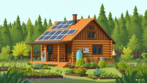 Een zelfvoorzienende hut in een groen bos met zonne-energie en regenwateropvang.