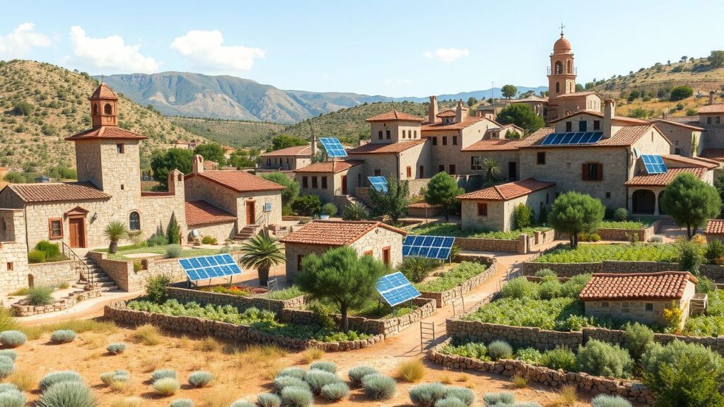 Een verlaten Spaans dorp met duurzame infrastructuur en landbouwpraktijken.