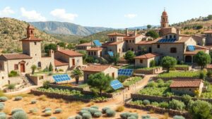 Een verlaten Spaans dorp met duurzame infrastructuur en landbouwpraktijken.