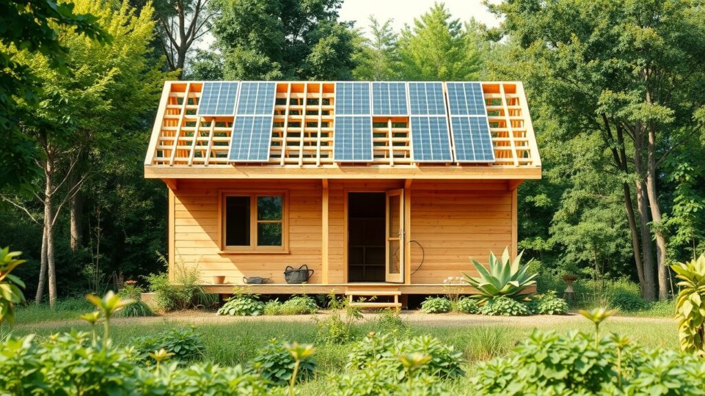 Een zelfvoorzienend, duurzaam huis in aanbouw met energiebesparende functies.