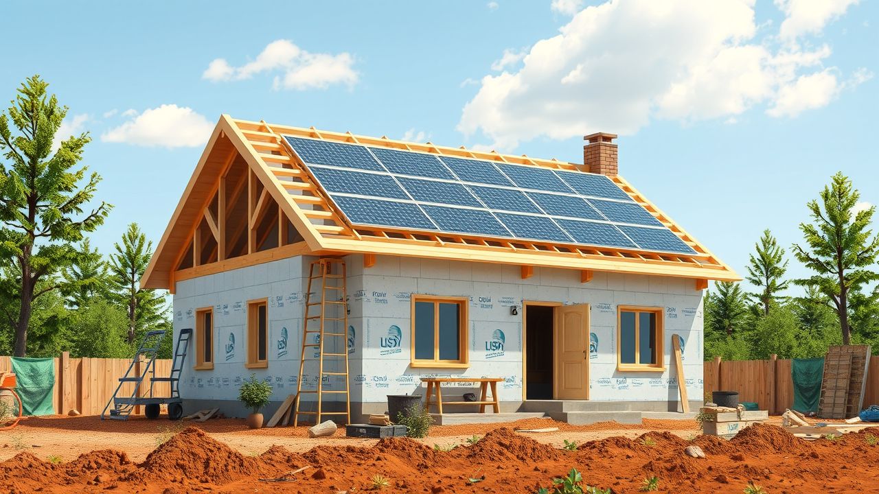 Een zelfvoorzienend huis met zonne-energie en gerecyclede materialen in aanbouw.