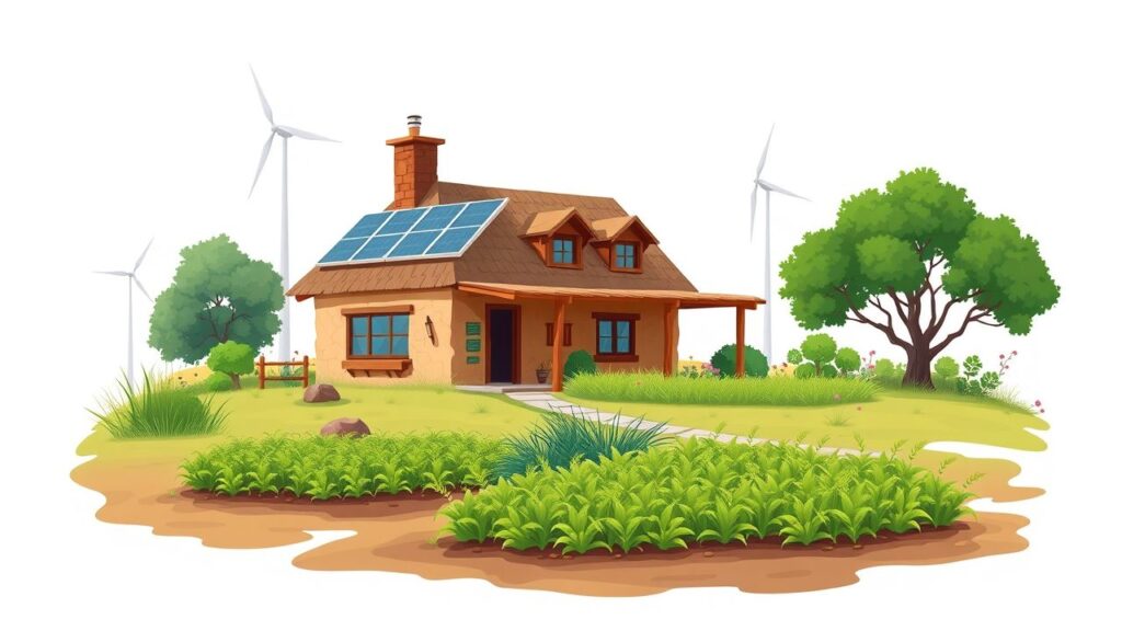 Een rustiek off-grid huis omringd door duurzame energie en een organische tuin.