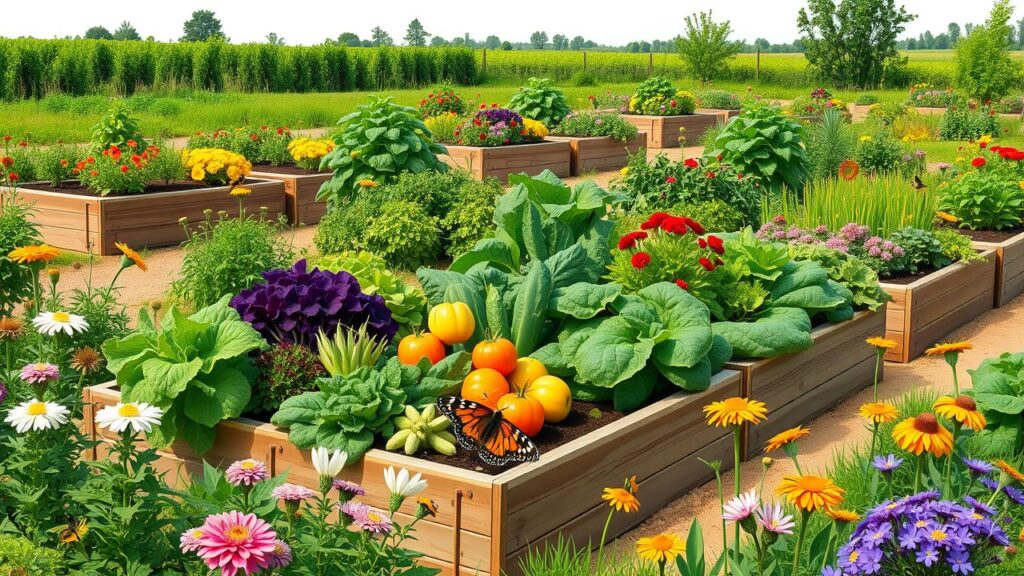 Een overvloedige en kleurrijke moestuin vol groenten, kruiden en bloemen.