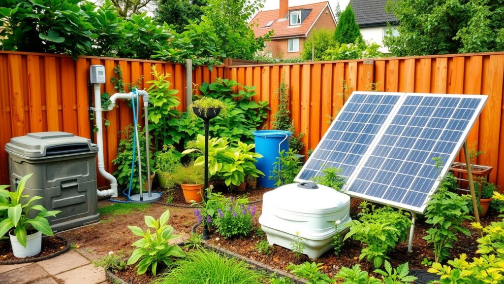 Een zelfvoorzienende achtertuin met compost, regenwateropvang en zonnepanelen.