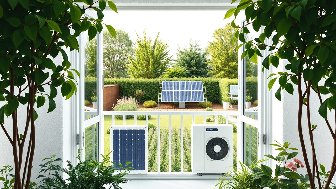 Een balkon met uitzicht op een groene tuin met zonne-energie en warmtepomp.