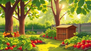 Een levendige achtertuin met fruit, groenten en een compostbak.