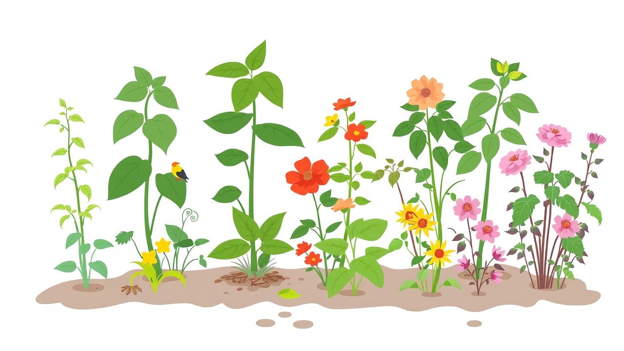 Een vredige tuin met bloeiende planten op een witte achtergrond. Een vredige tuin met bloeiende planten op een witte achtergrond.