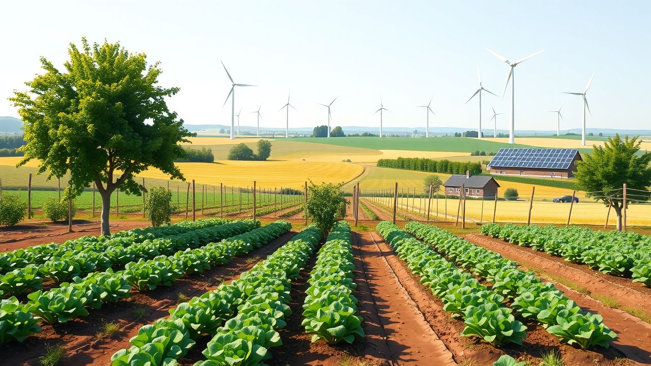 Een zelfvoorzienende boerderij met groentetuin en duurzame energiebronnen in Nederlandse platteland.