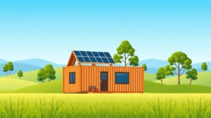 Een zelfvoorzienende containerwoning in weelderig groen landschap met duurzame systemen.