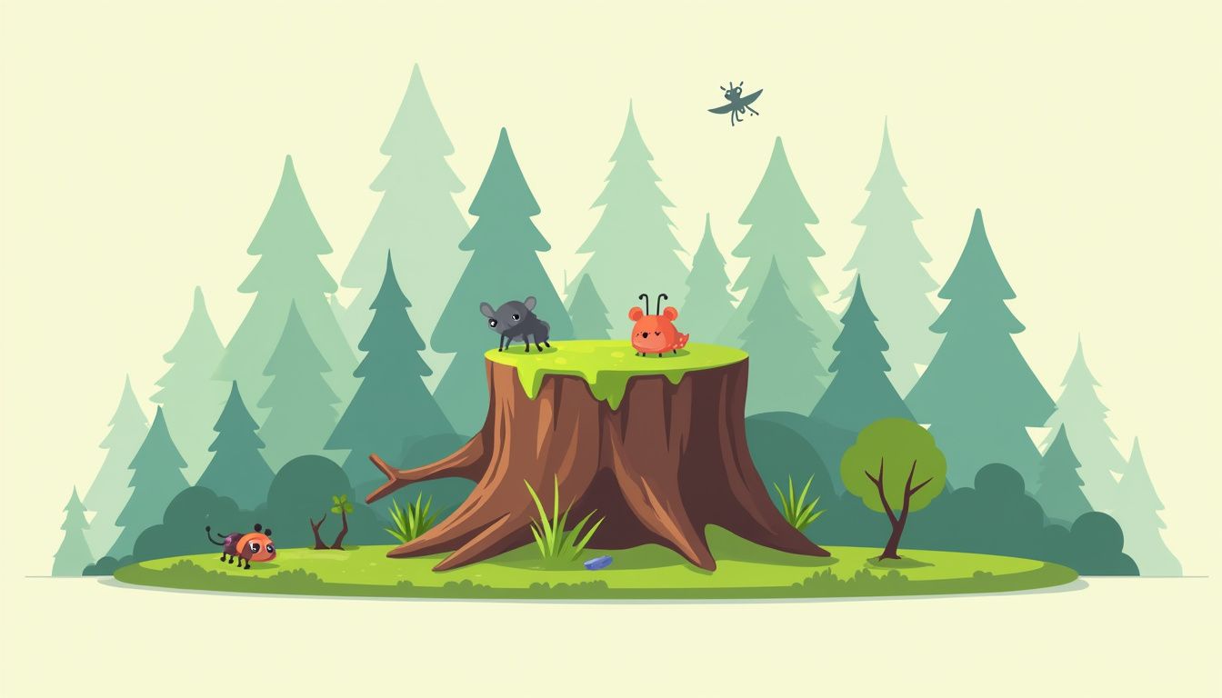 Een minimalistische vector illustratie van een oude boomstronk bedekt met mos.
