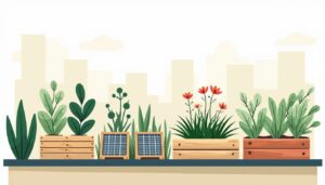 Een minimalistische flat design illustratie van een stedelijke groene tuin.