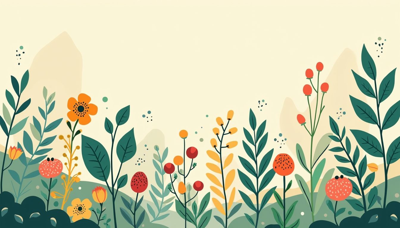 Een minimalistische flat design illustratie van eetbare struiken in een permacultuurtuin.