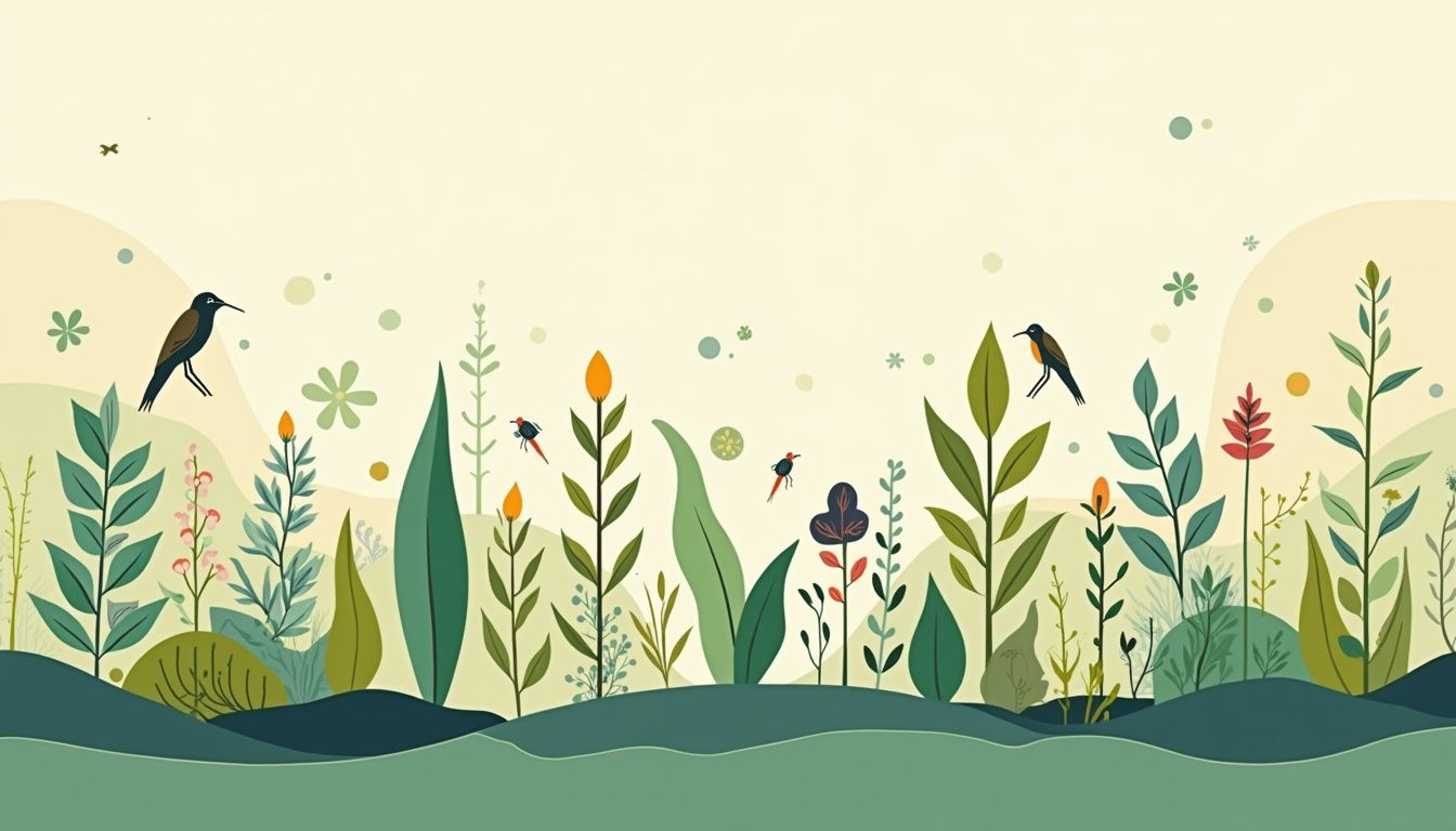 Een platte vectorillustratie van een diverse permacultuurtuin met planten en dieren. Een platte vectorillustratie van een diverse permacultuurtuin met planten en dieren.