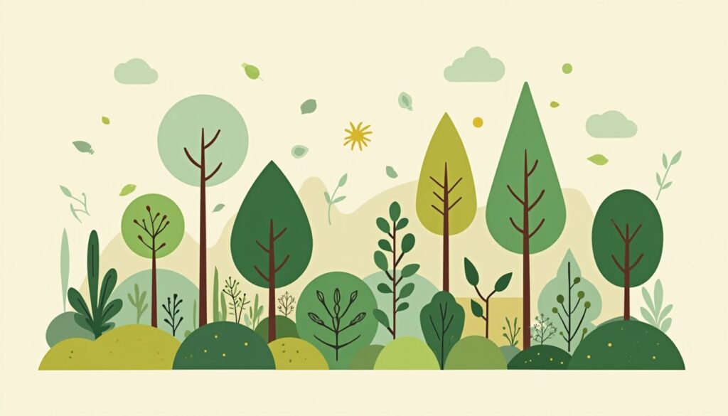 Een minimalistische vlakke illustratie van een permacultuur tuin.