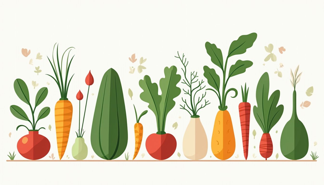 Een minimalistische, moderne flat design illustratie van een permacultuurtuin met diverse groenten.