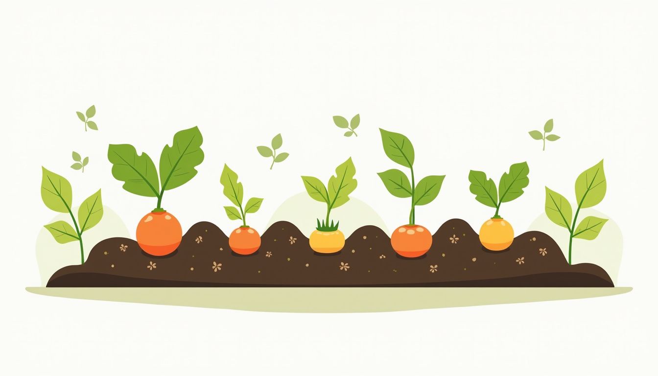 Een platte vectorillustratie van een permacultuurtuin met groentenzaden in rijen.