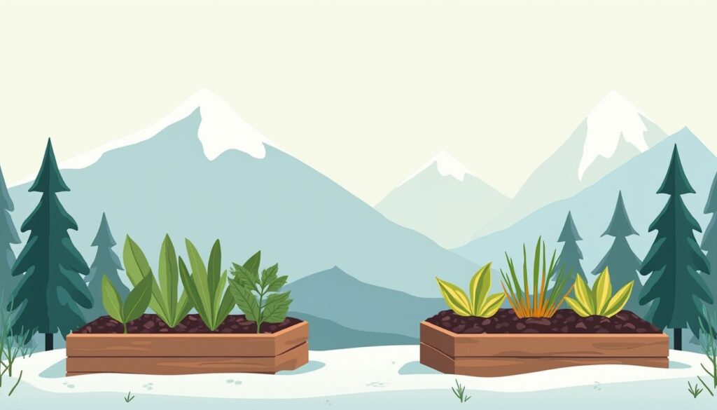 Een minimalistische winter moestuin volgens permacultuurprincipes, met koude kleuren.