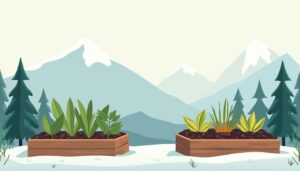 Een minimalistische winter moestuin volgens permacultuurprincipes, met koude kleuren.