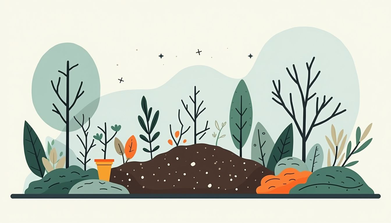 Een minimalistische vectorillustratie van een winterklare permacultuurtuin met mulch.